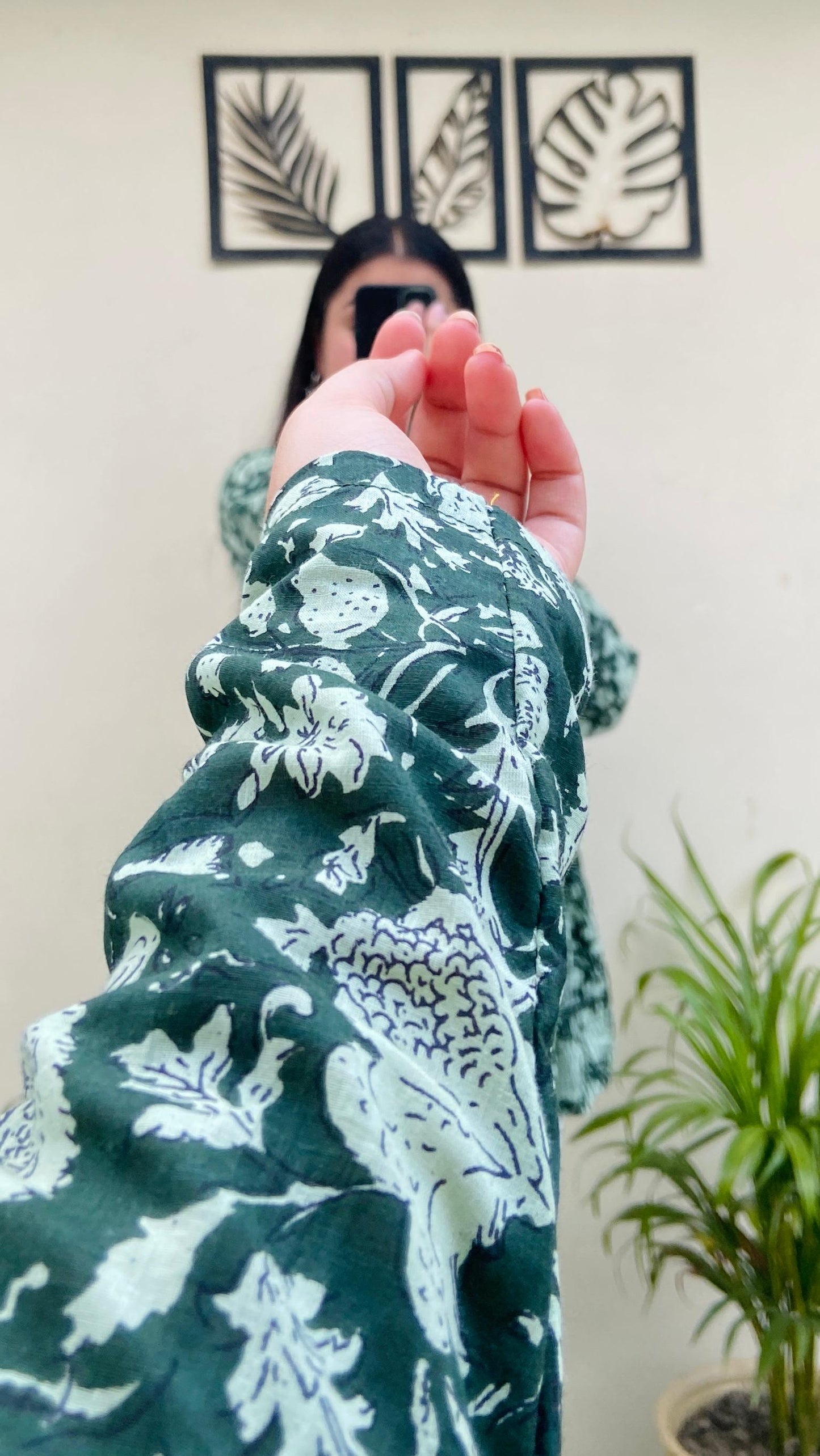 Cotton Flared Green Floral Print Aliacut Peplum Top