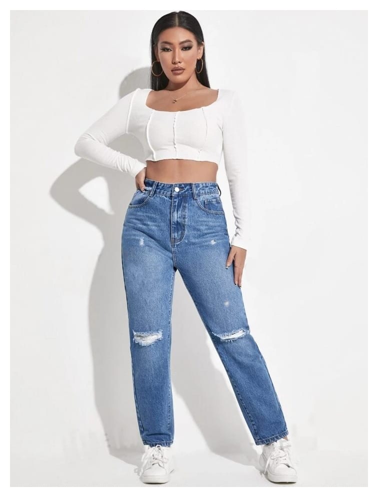 High Waist Knee Cut Ripped Stone Blue Mom Fit Wishker Denim Jeans