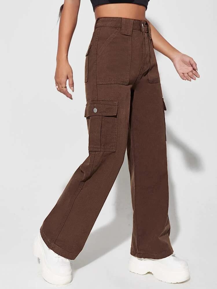 High Waist Six Pocket Brown Cargo Wide Leg Denim
