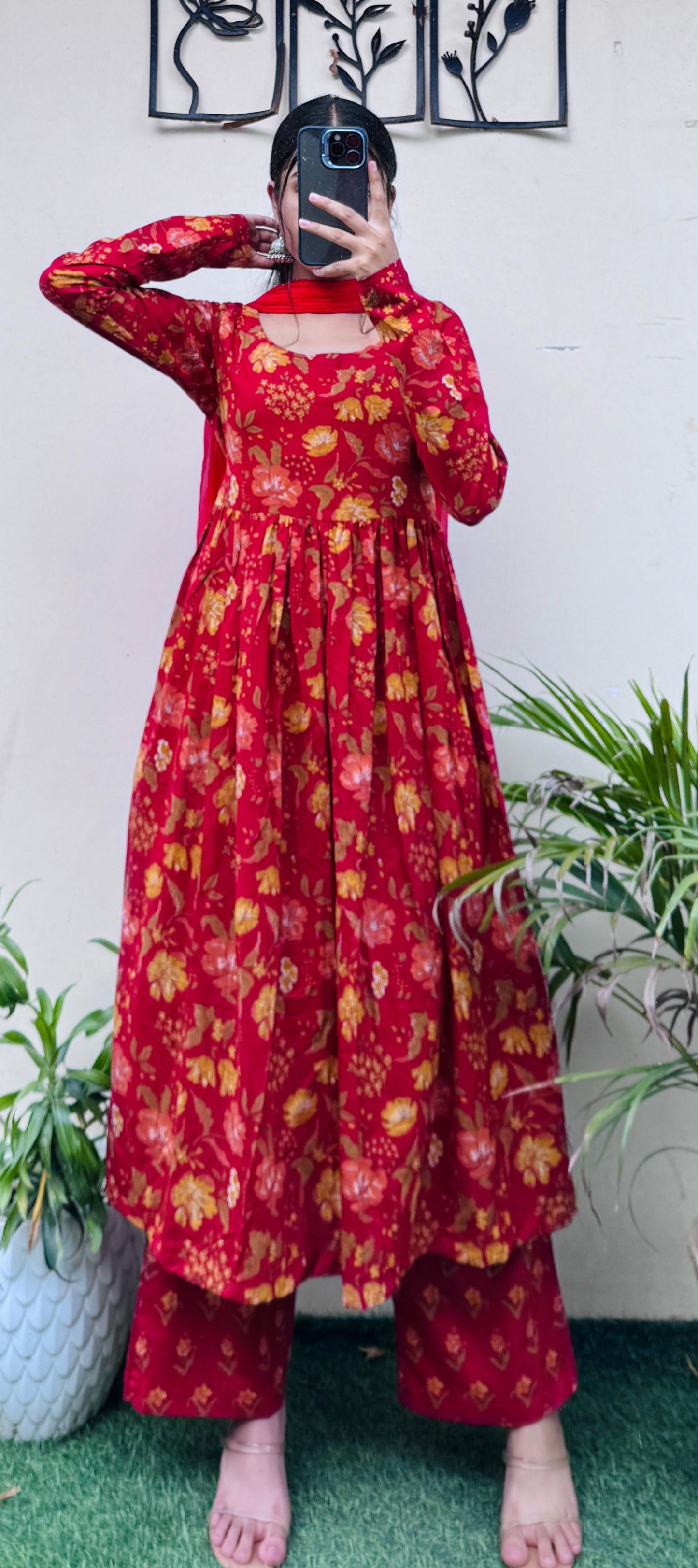 Beautiful Cotton Katha Black Anarkali Suit Set (Kurta+Pant+Dupatta)