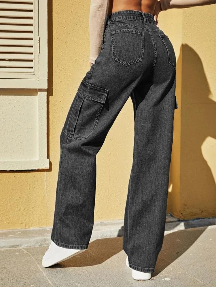 High Waist Six Pocket Charcoal Cargo Wide Leg Denim