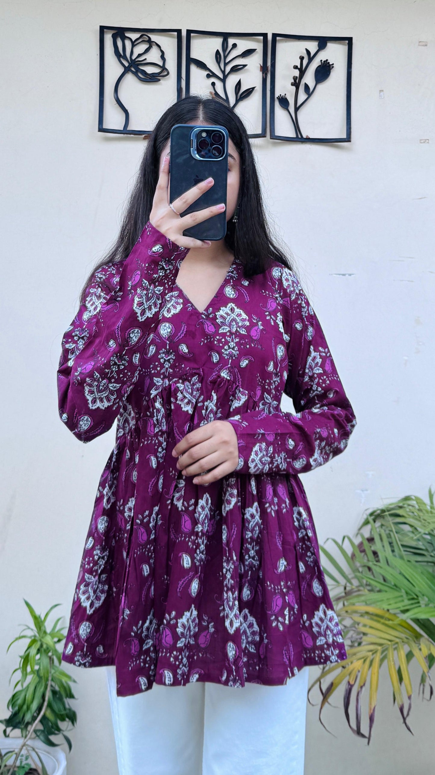 Cotton Wine Flared Floral Print Aliacut Peplum Top