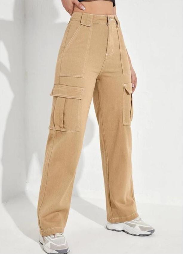 High Waist Six Pocket Khaki Cargo Wide Leg Denim