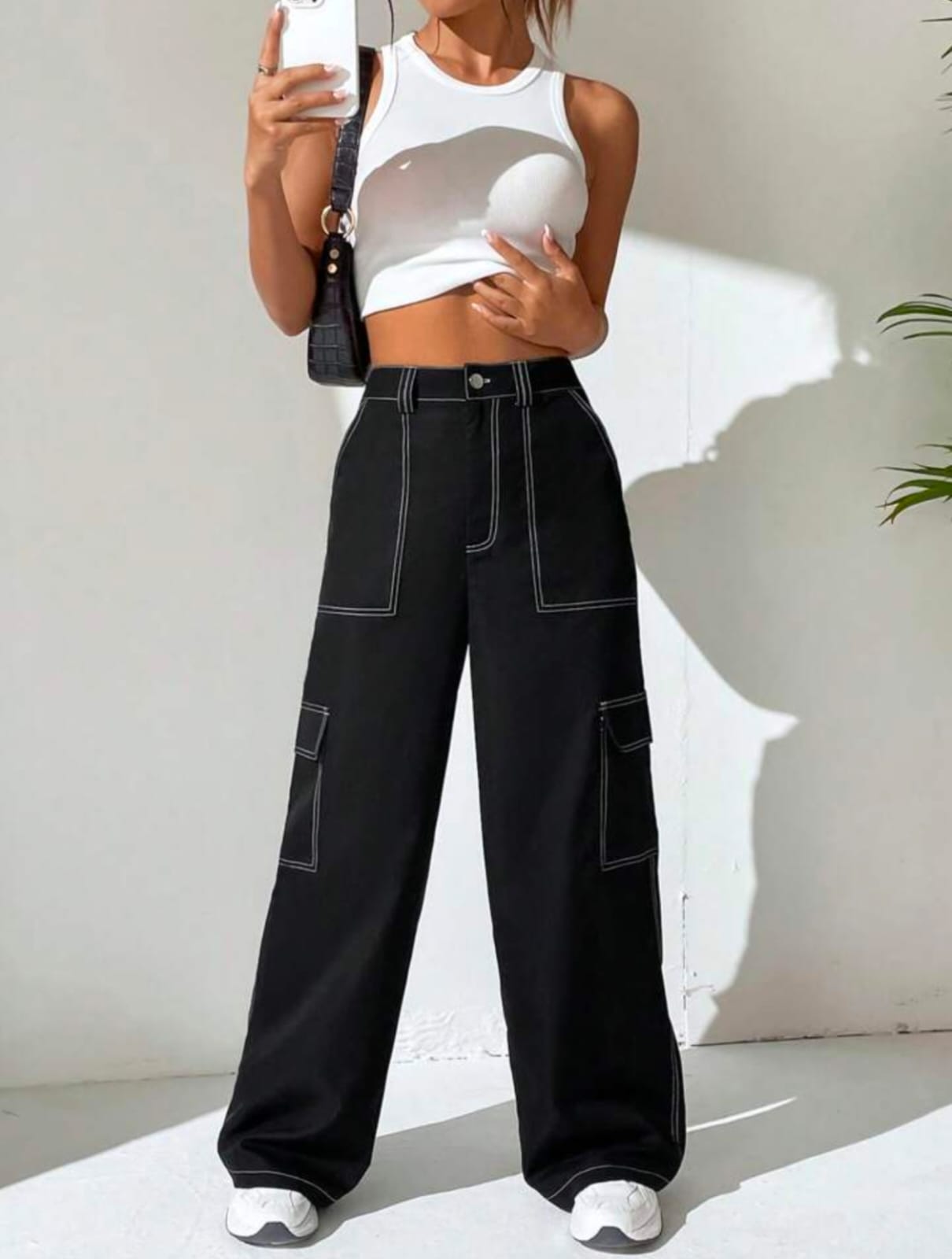 High Waist Six Pocket Black White Stich Cargo Wide Leg Denim