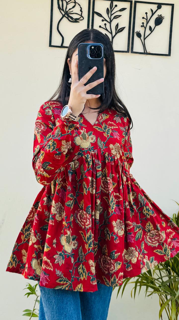 Cotton Flared Floral Print Aliacut Peplum Top