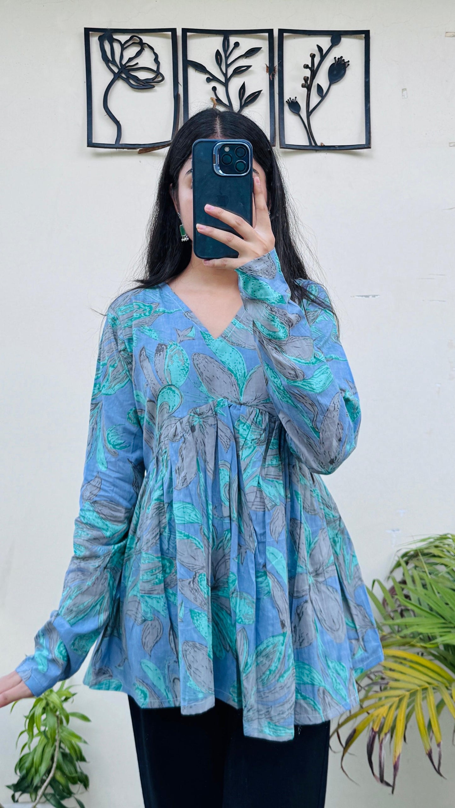 Cotton Blue Flared Printed Aliacut Peplum Top