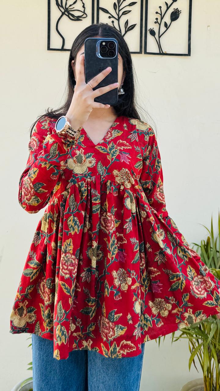 Cotton Flared Floral Print Aliacut Peplum Top