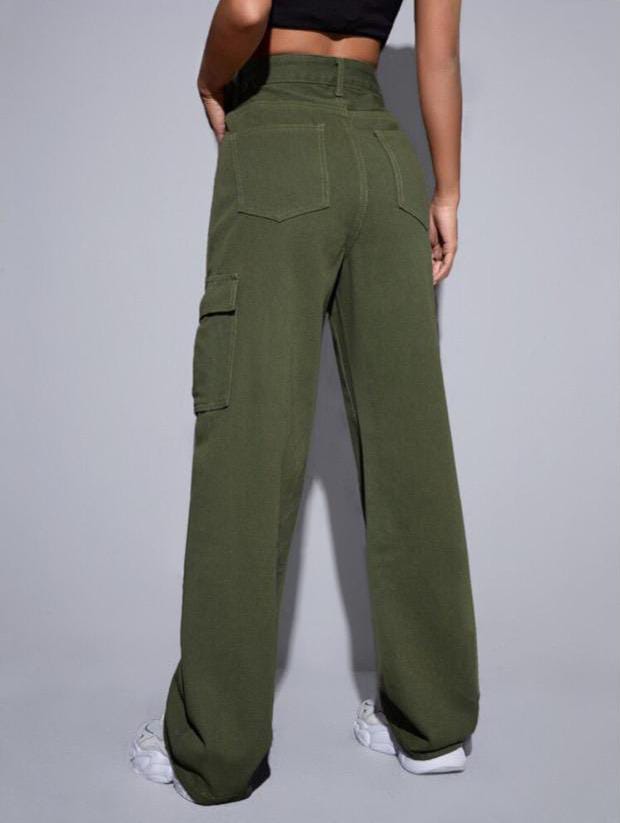 High Waist Six Pocket Olive Green Cargo Wide Leg Denim