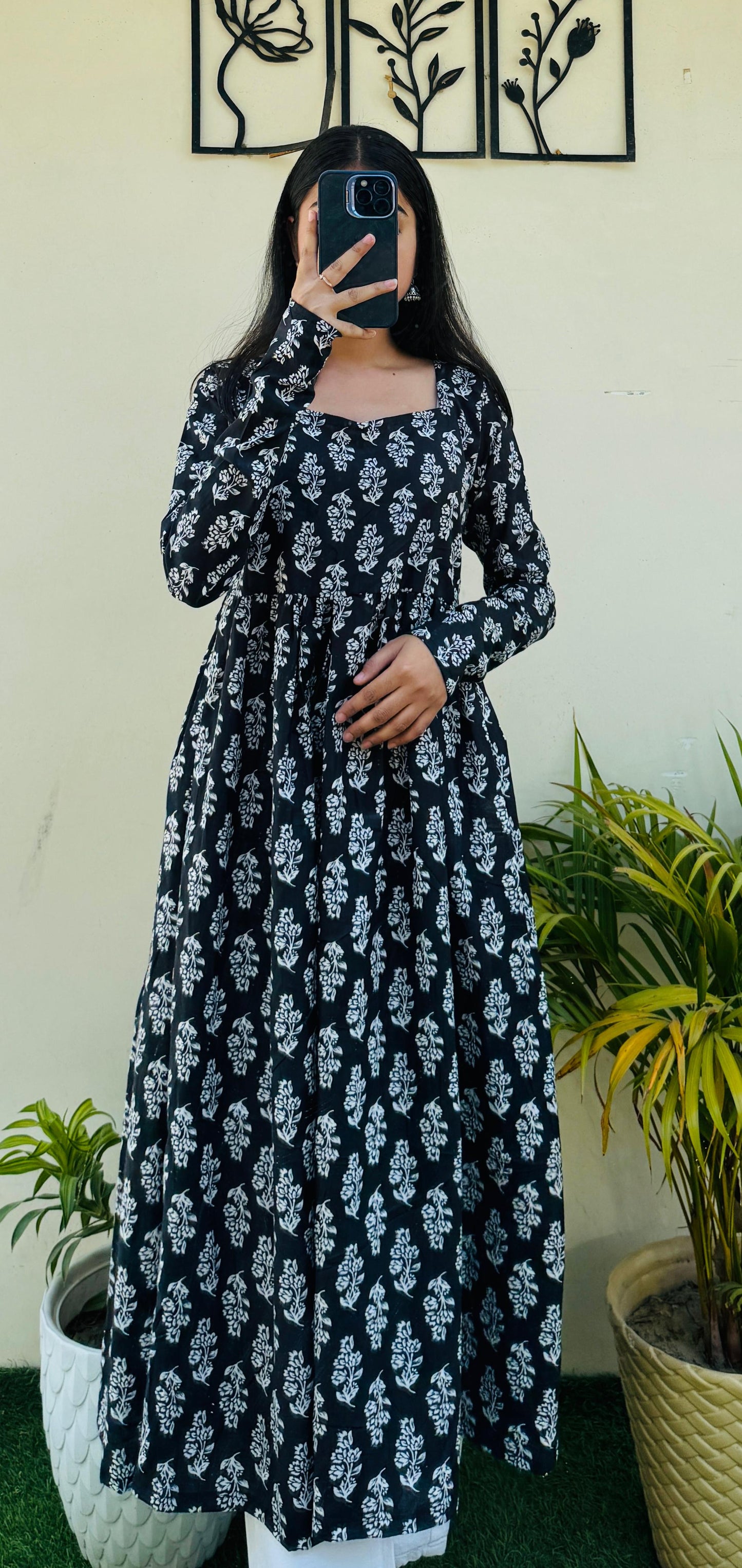 Cotton Full Sleeve Black Nayra Cut Long Kurti