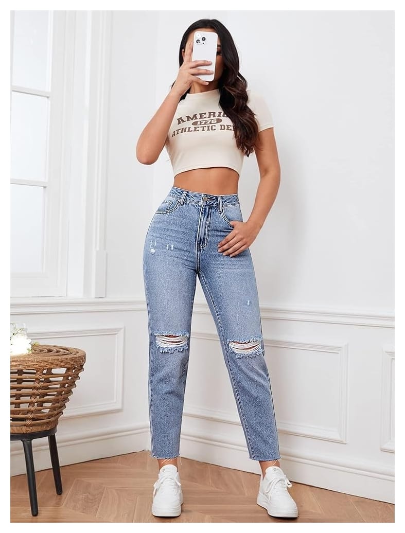 High Waist Knee Cut Ripped Ice Blue Mom Fit Wishker Denim Jeans