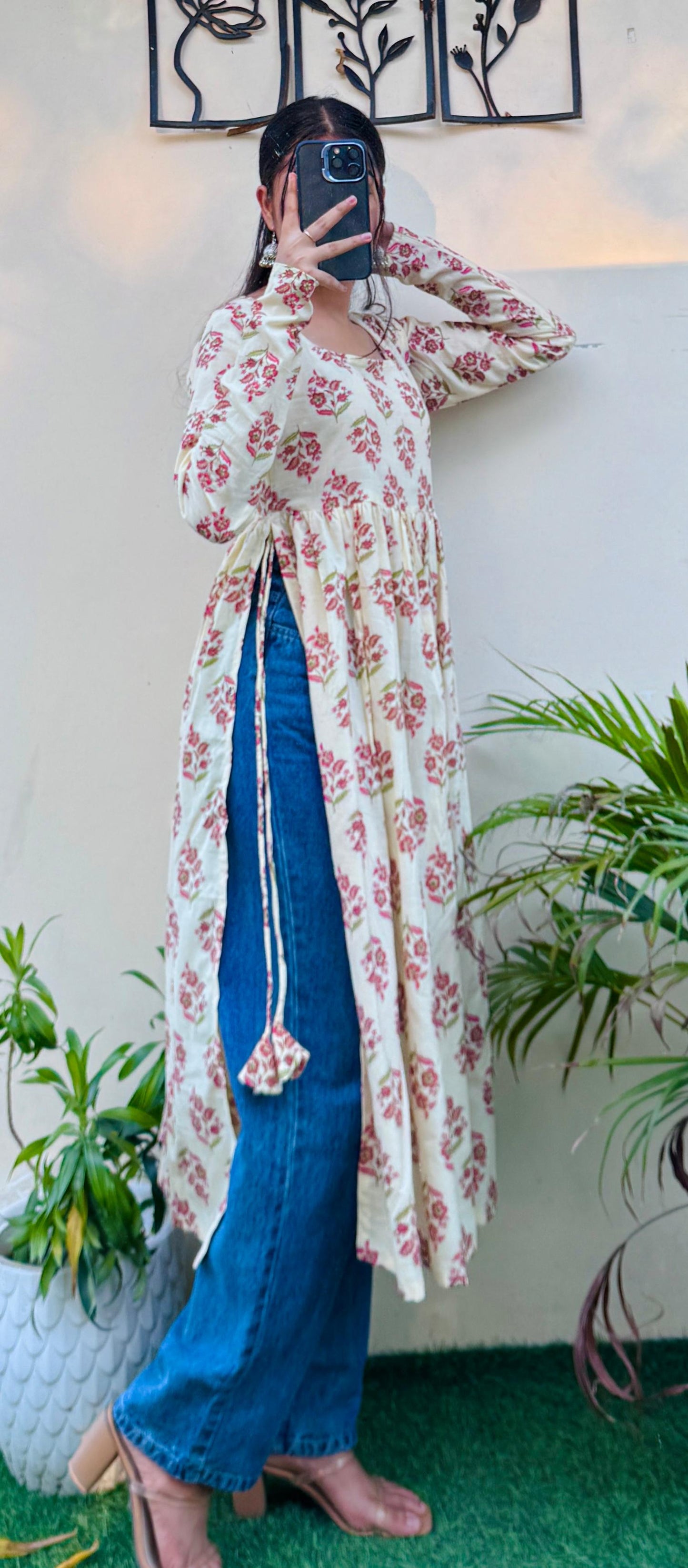 Cotton Full Sleeve Cream Nayra Cut Long Kurti