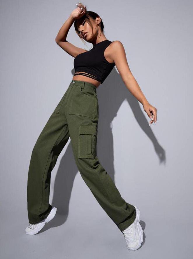 High Waist Six Pocket Olive Green Cargo Wide Leg Denim