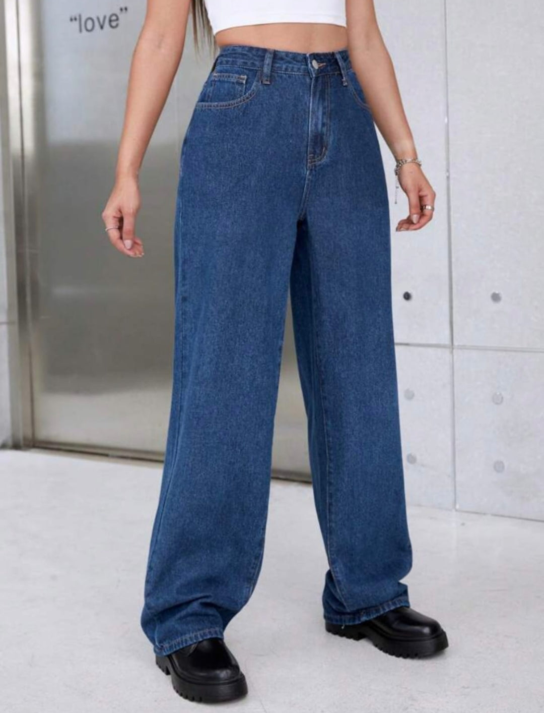High Waist Dark Blue Wide Leg Deni