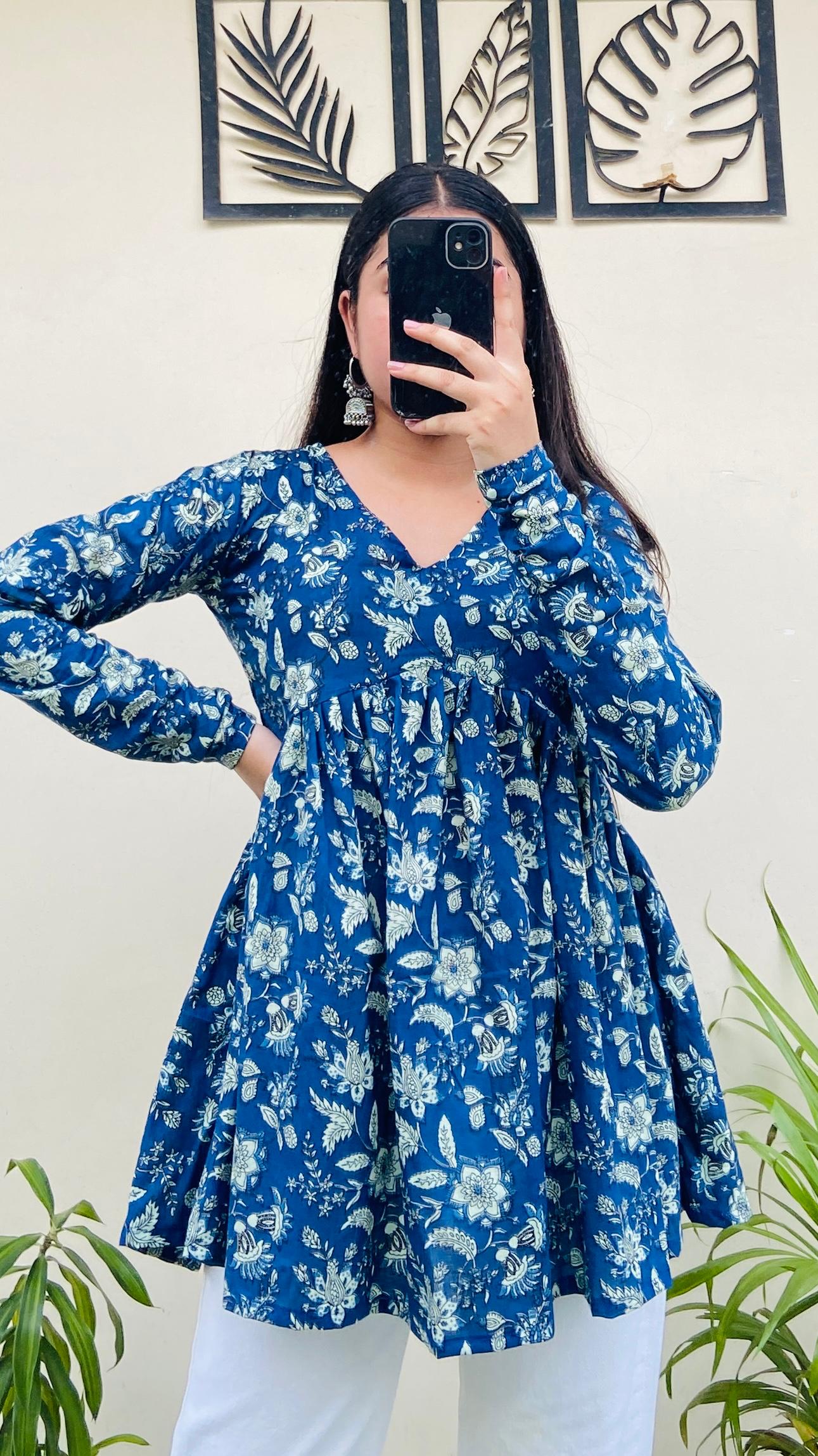 Cotton Flared Blue Floral Print Aliacut Peplum Top