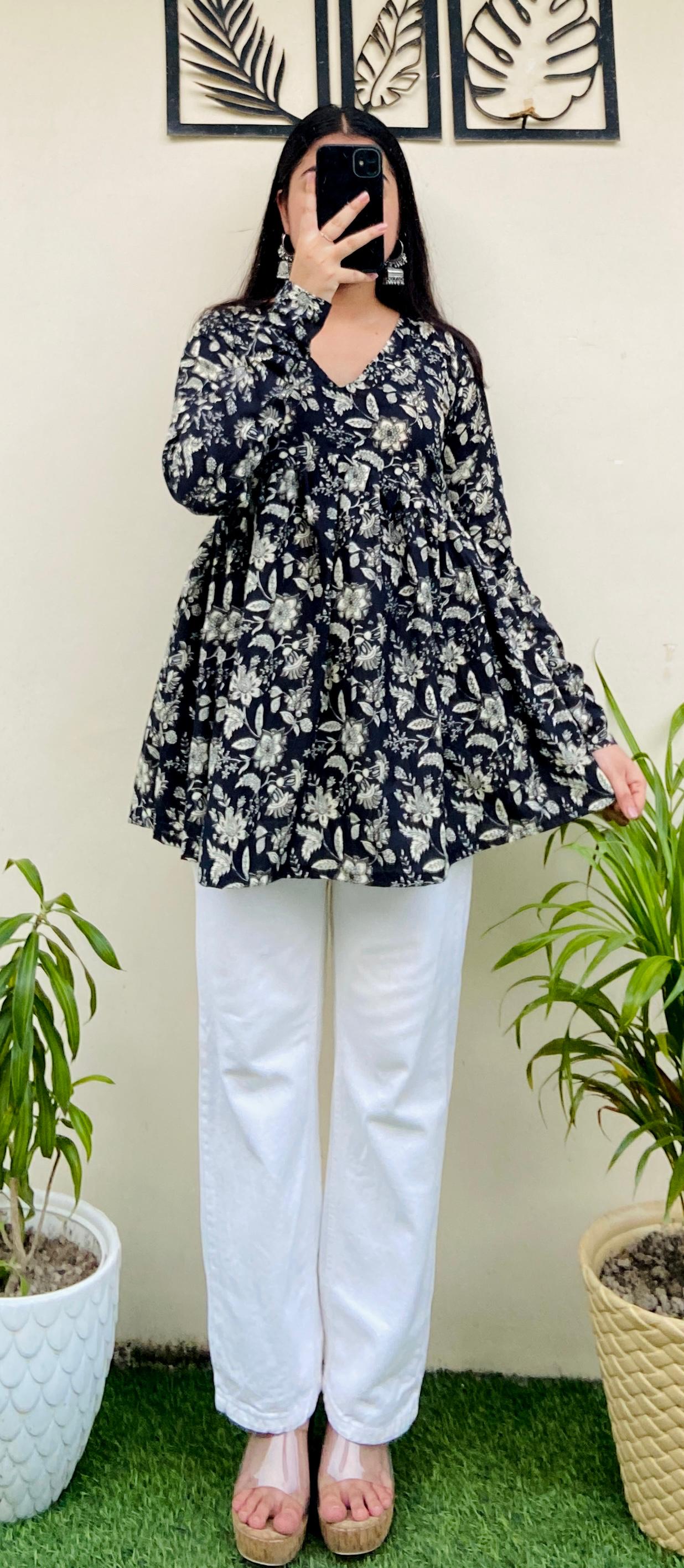 Cotton Flared Black Floral Print Aliacut Peplum Top