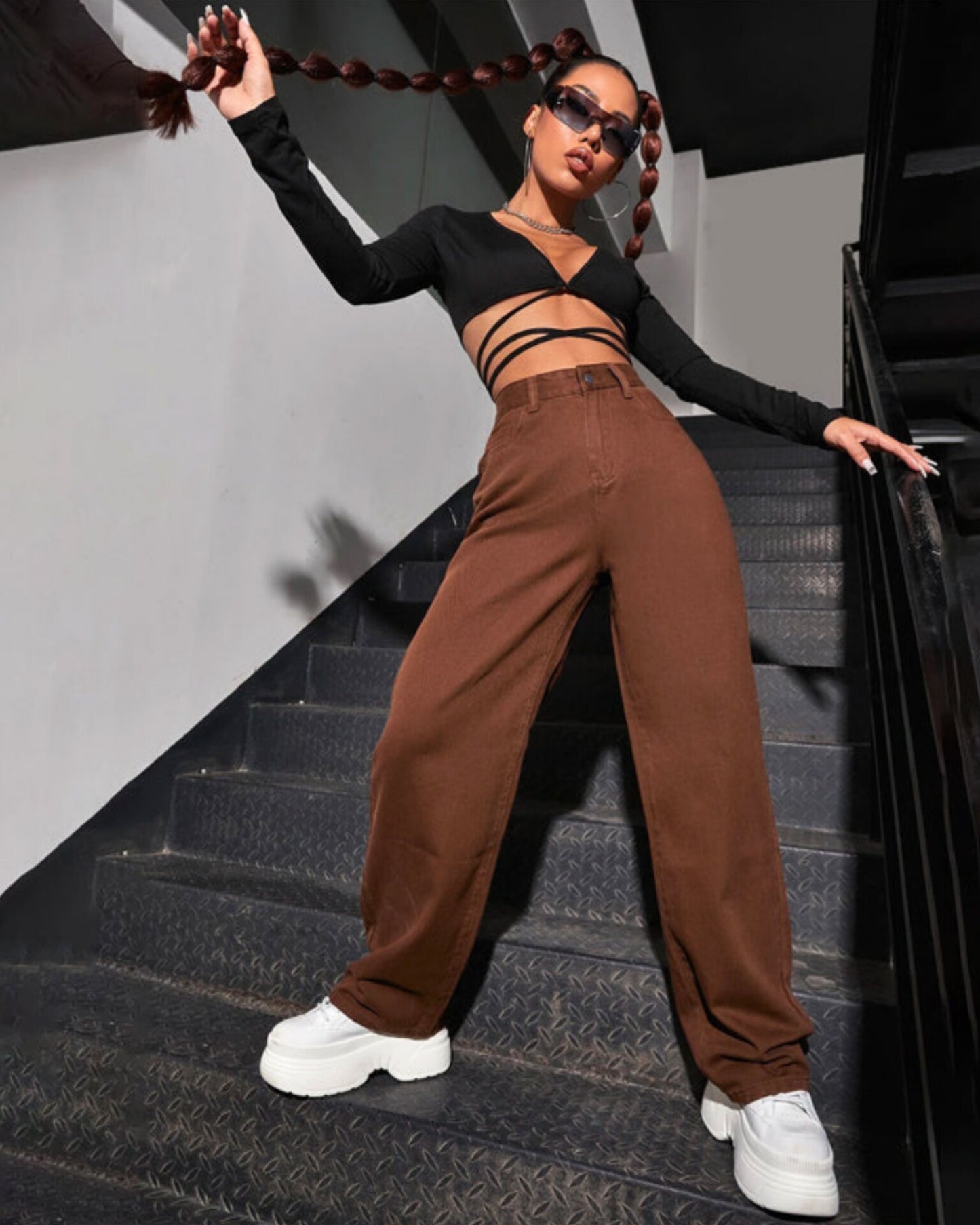 High Waist Brown Wide Leg Denim