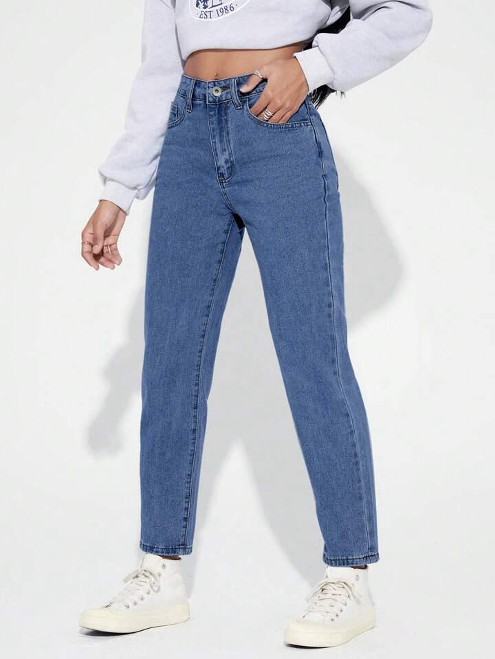 High Waist Stone Blue Mom Fit Denim Jeans