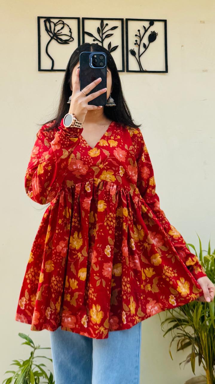 Cotton Flared Floral Print Aliacut Peplum Top