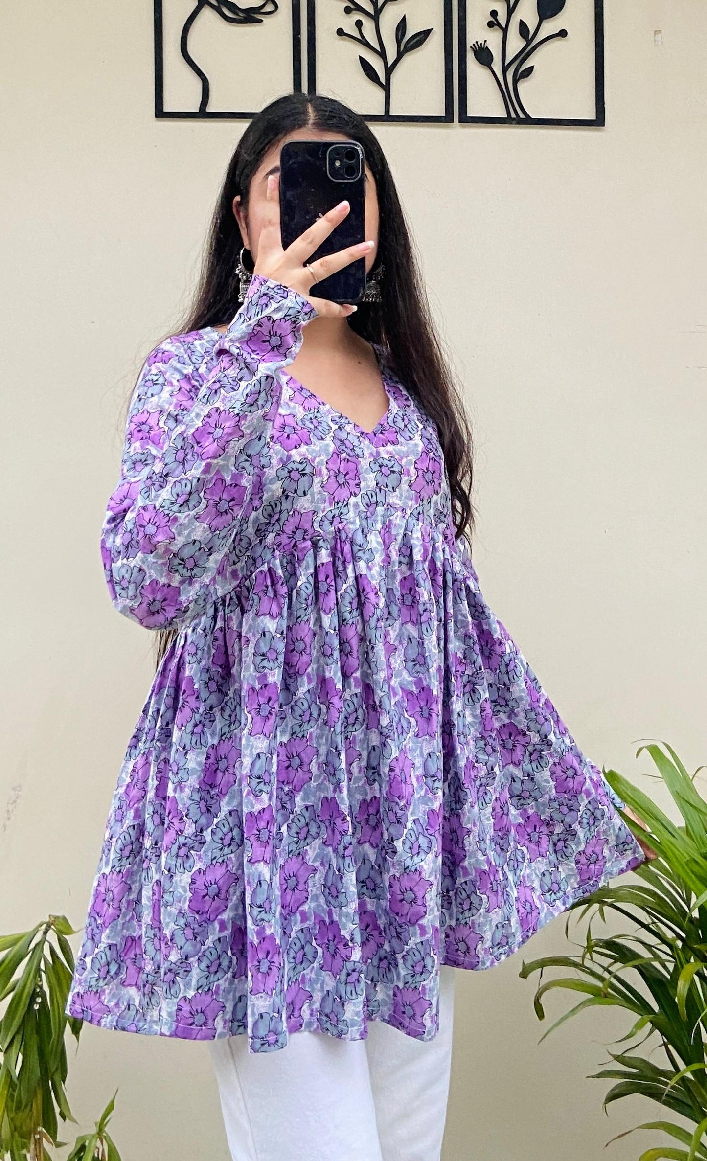 Cotton Flared Purple Floral Print Aliacut Peplum Top