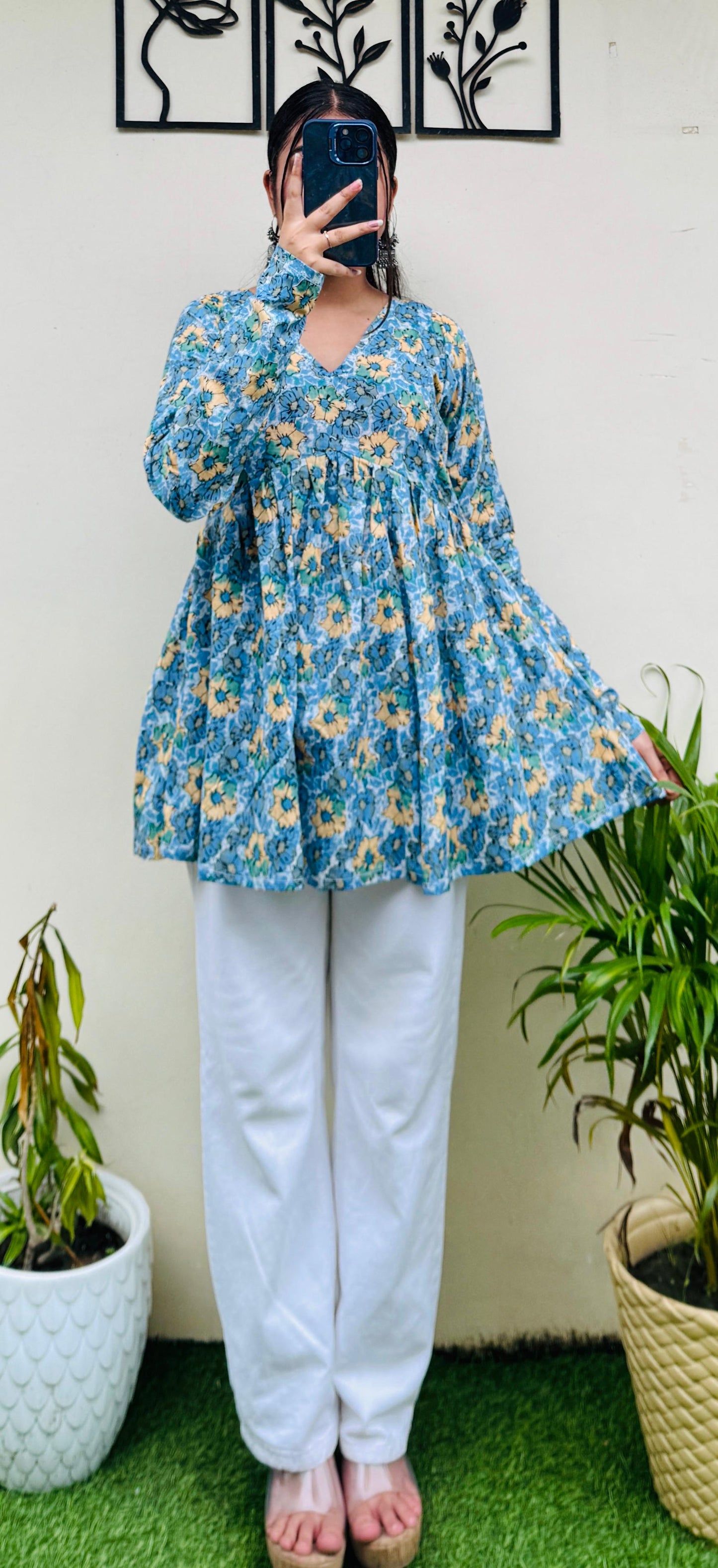 Cotton Flared Floral Print Aliacut Peplum Top