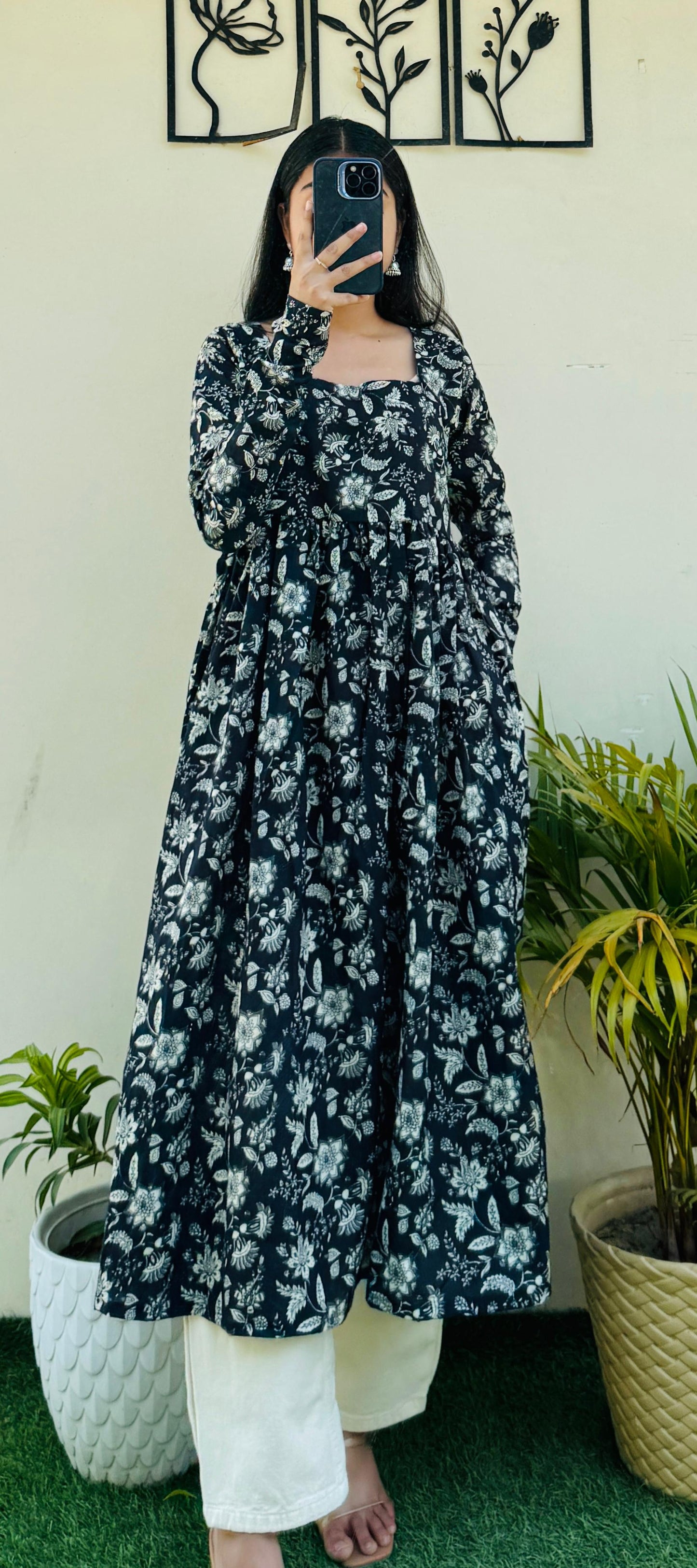 Cotton Full Sleeve Black Nayra Cut Long Kurti