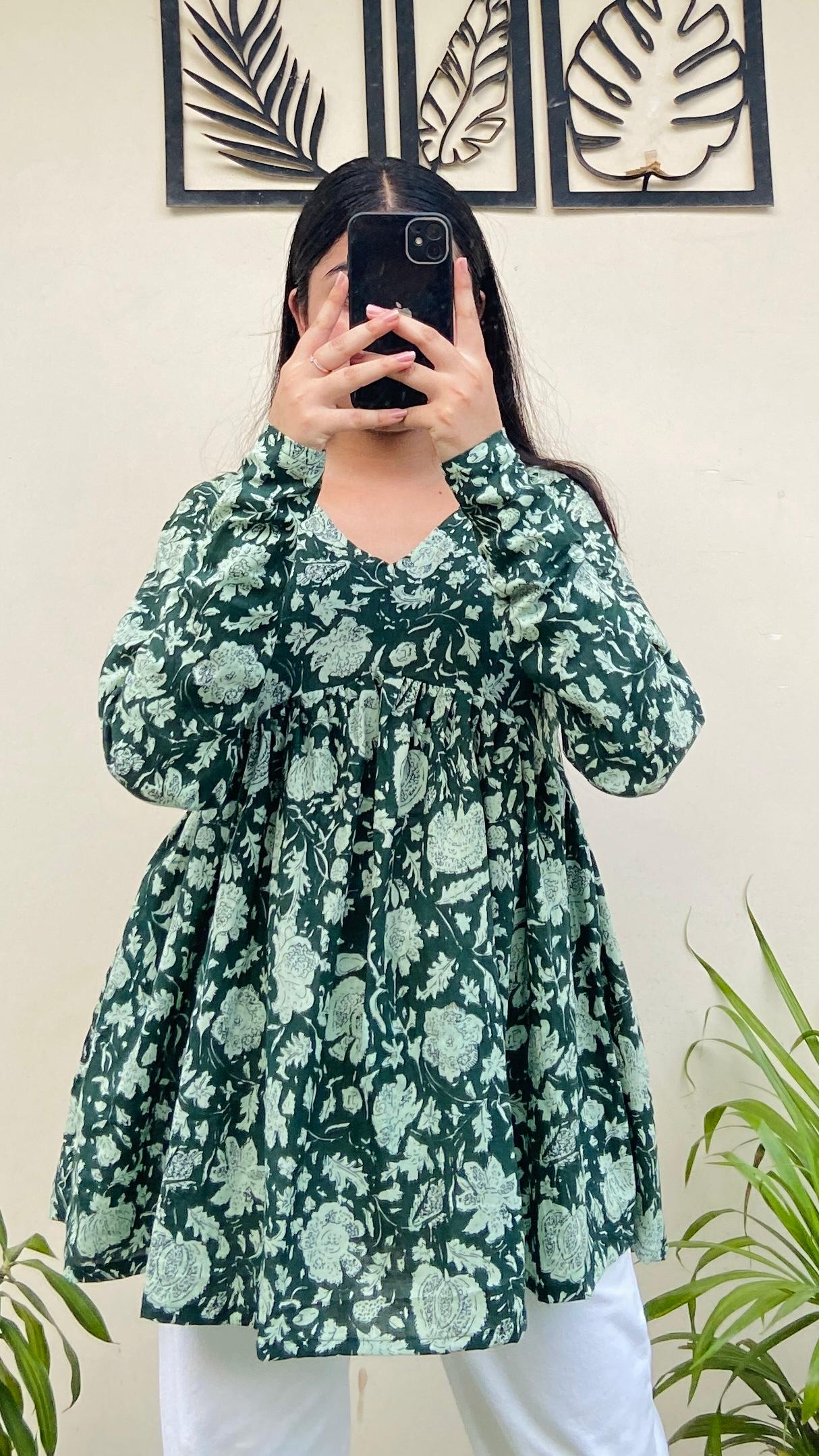 Cotton Flared Green Floral Print Aliacut Peplum Top