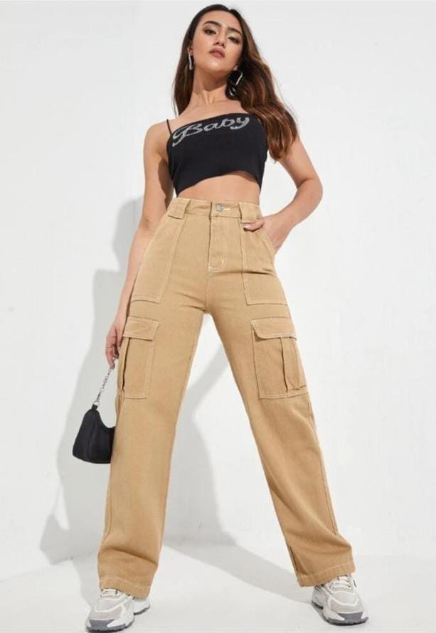 High Waist Six Pocket Khaki Cargo Wide Leg Denim