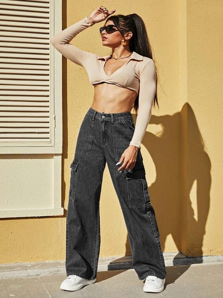High Waist Six Pocket Charcoal Cargo Wide Leg Denim