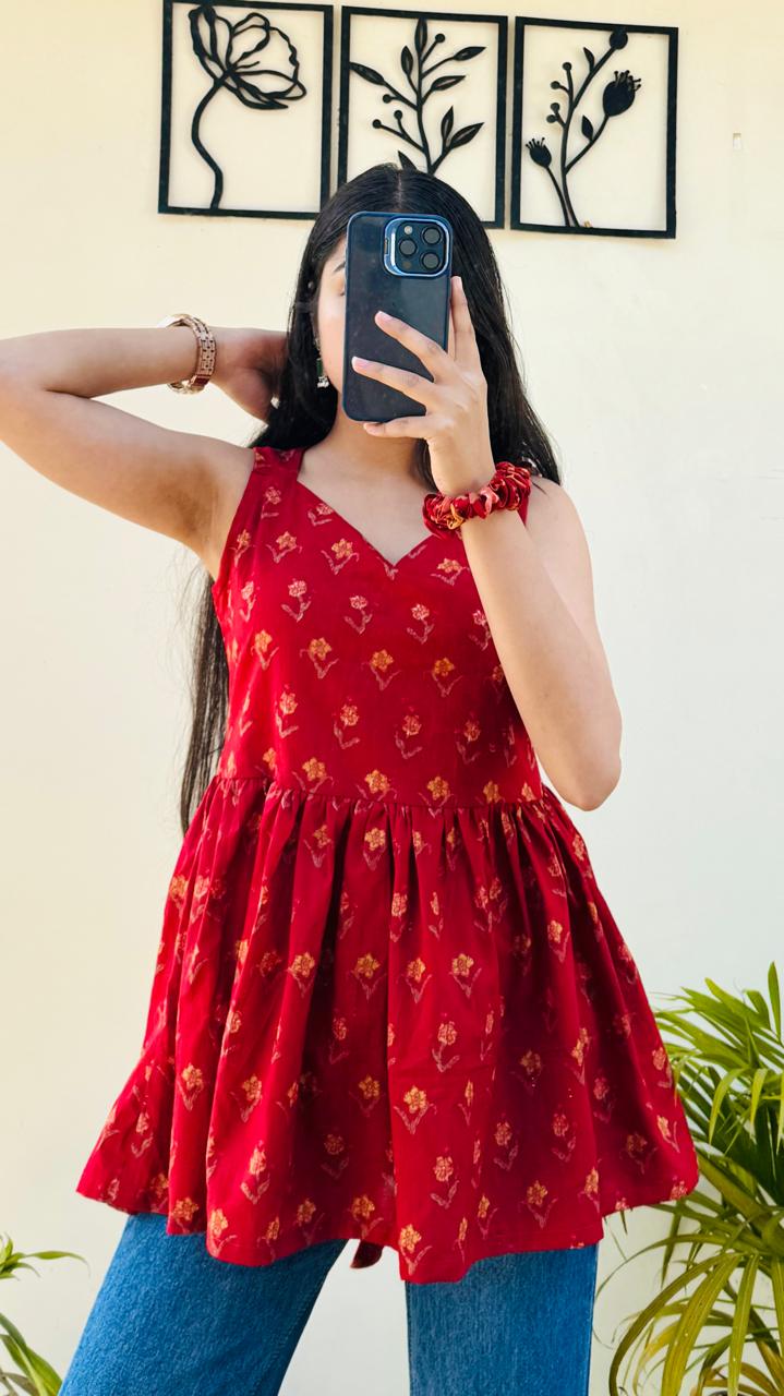 Cotton Flared Back Less Neck Design Short Kurti