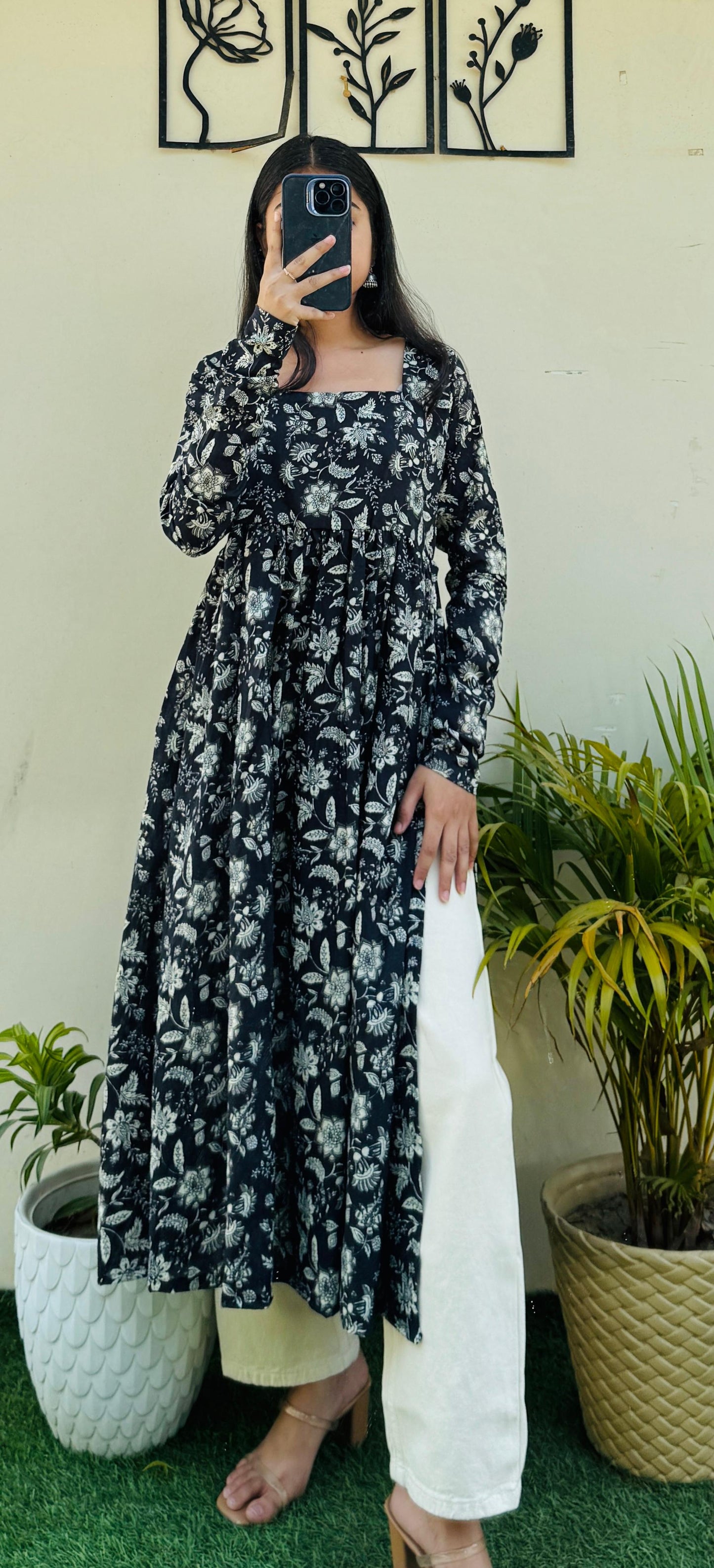 Cotton Full Sleeve Black Nayra Cut Long Kurti
