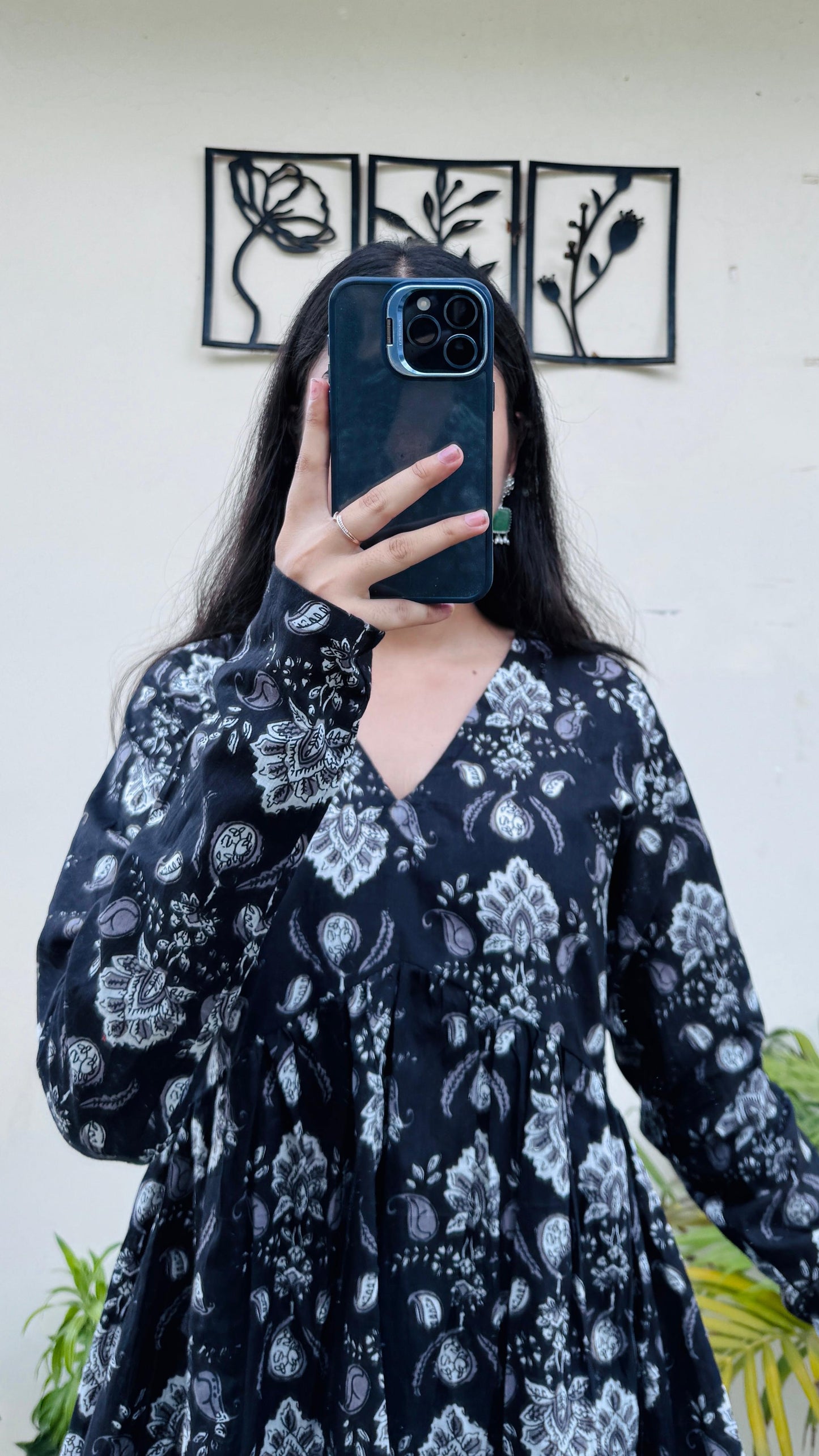 Cotton Black Flared Printed Aliacut Peplum Top