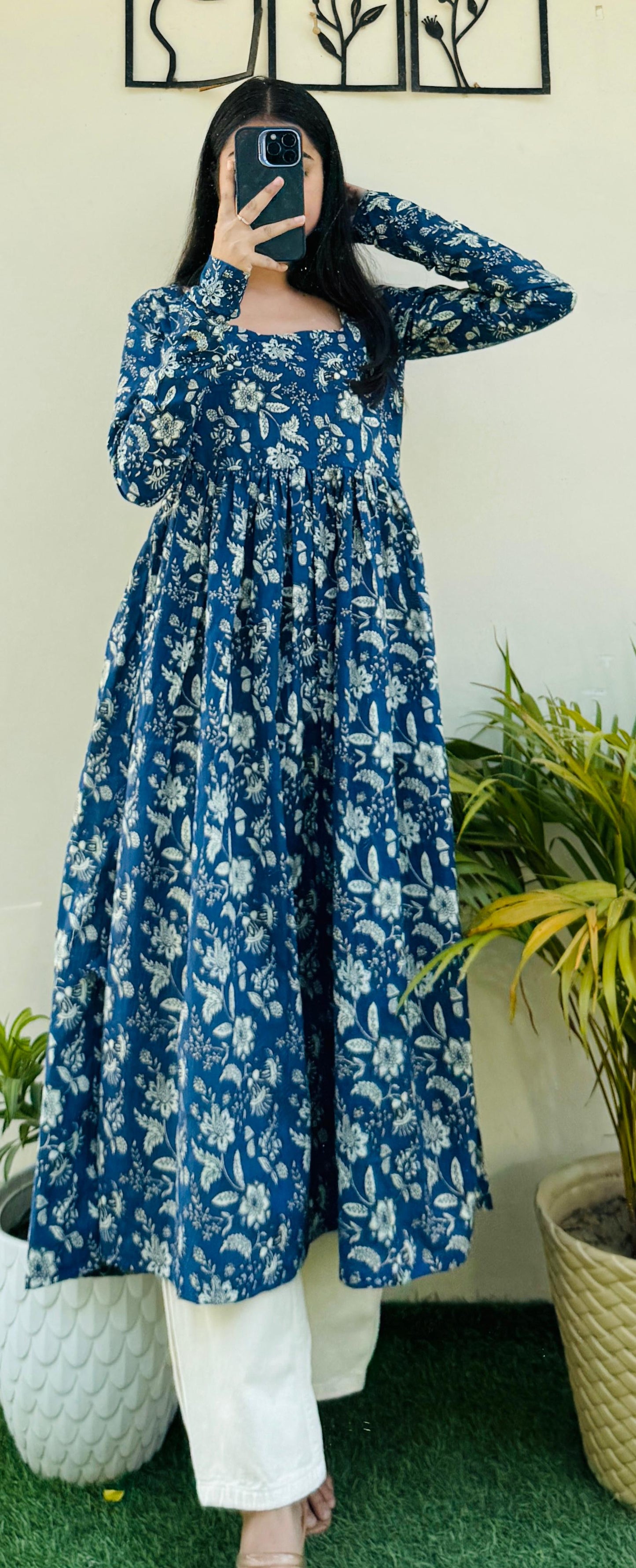 Cotton Full Sleeve Blue Nayra Cut Long Kurti