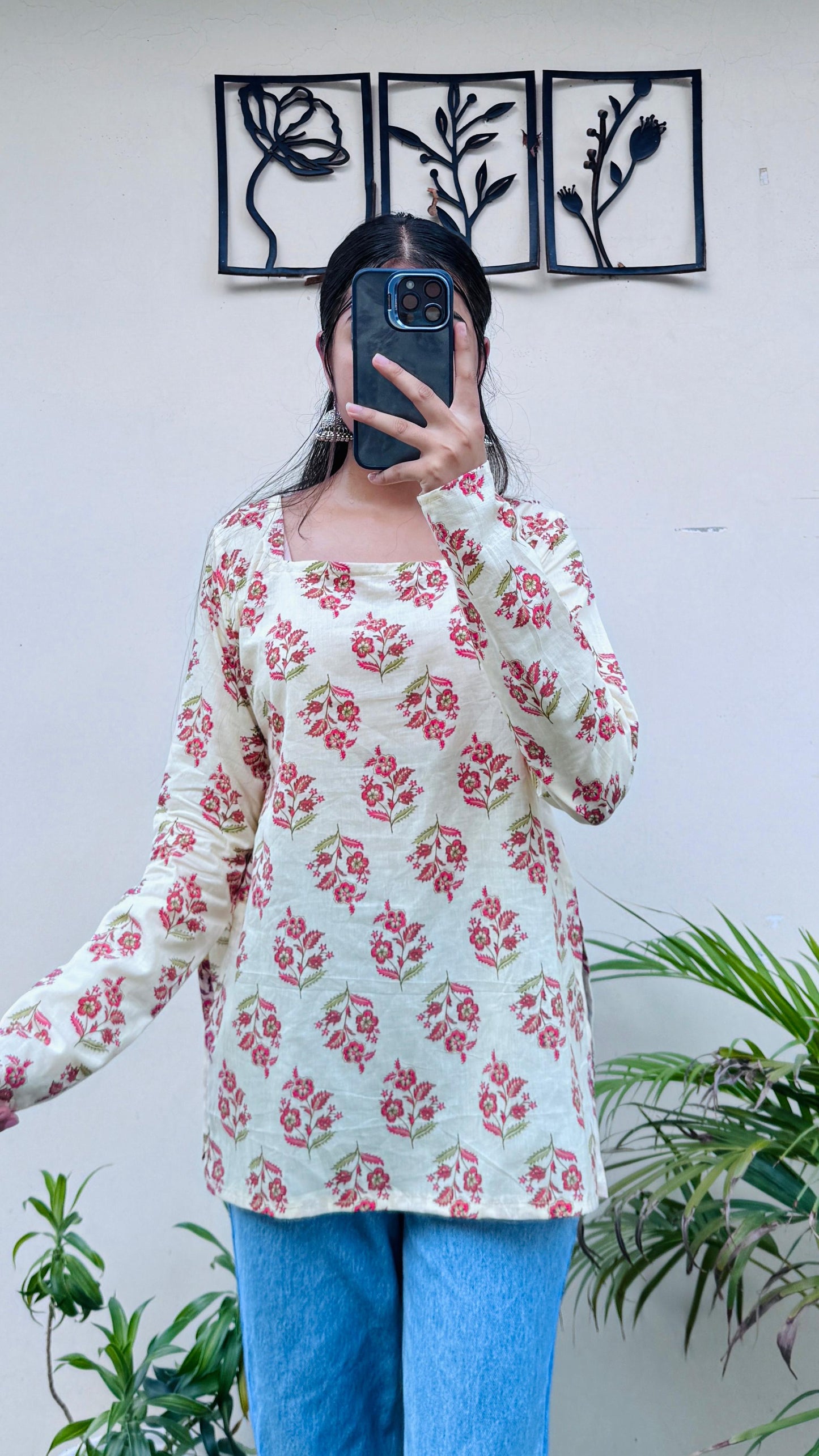 Cotton Cream Fullsleeve Short Kurti