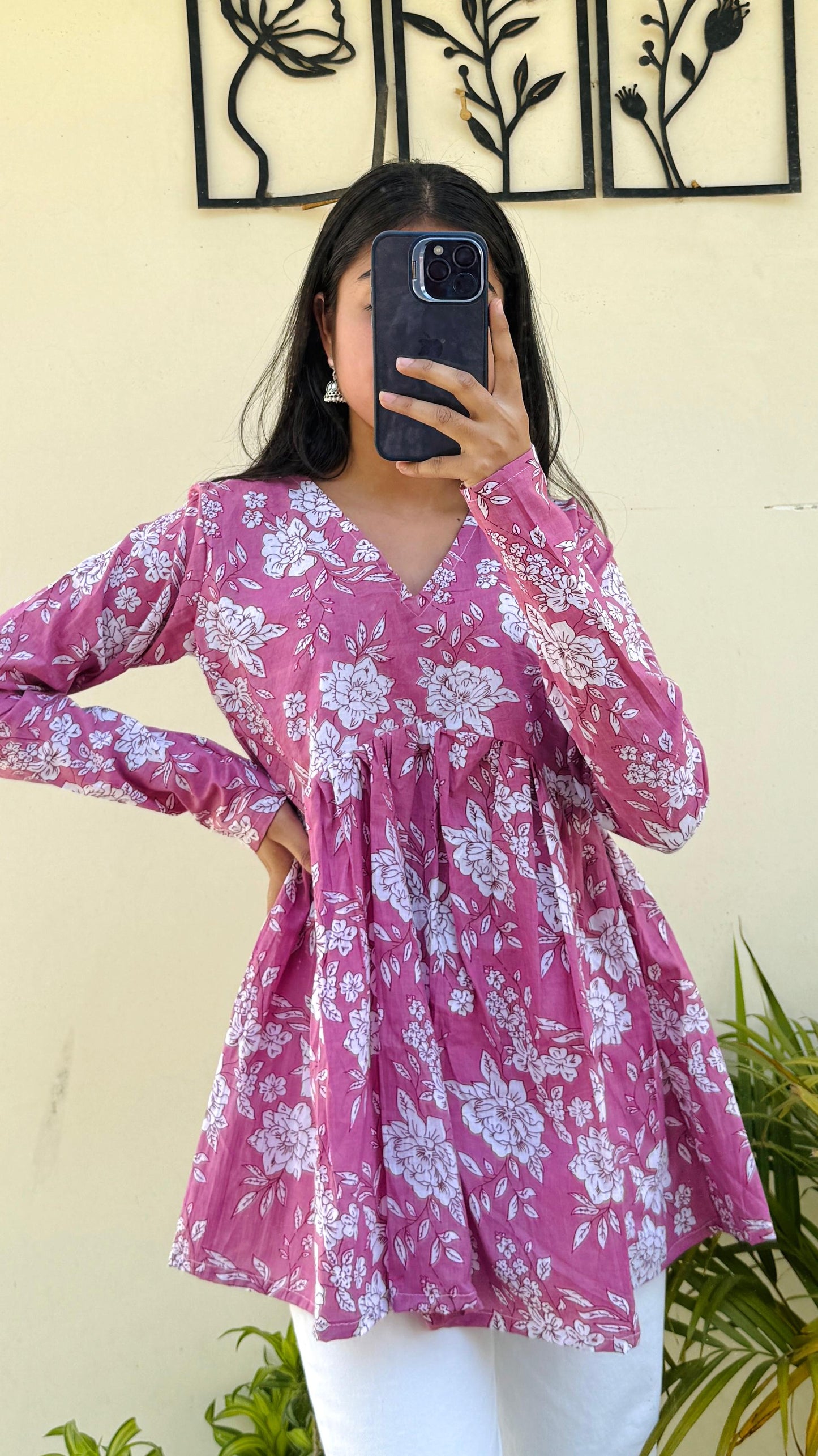 Cotton Pink Flared Floral Print Aliacut Peplum Top