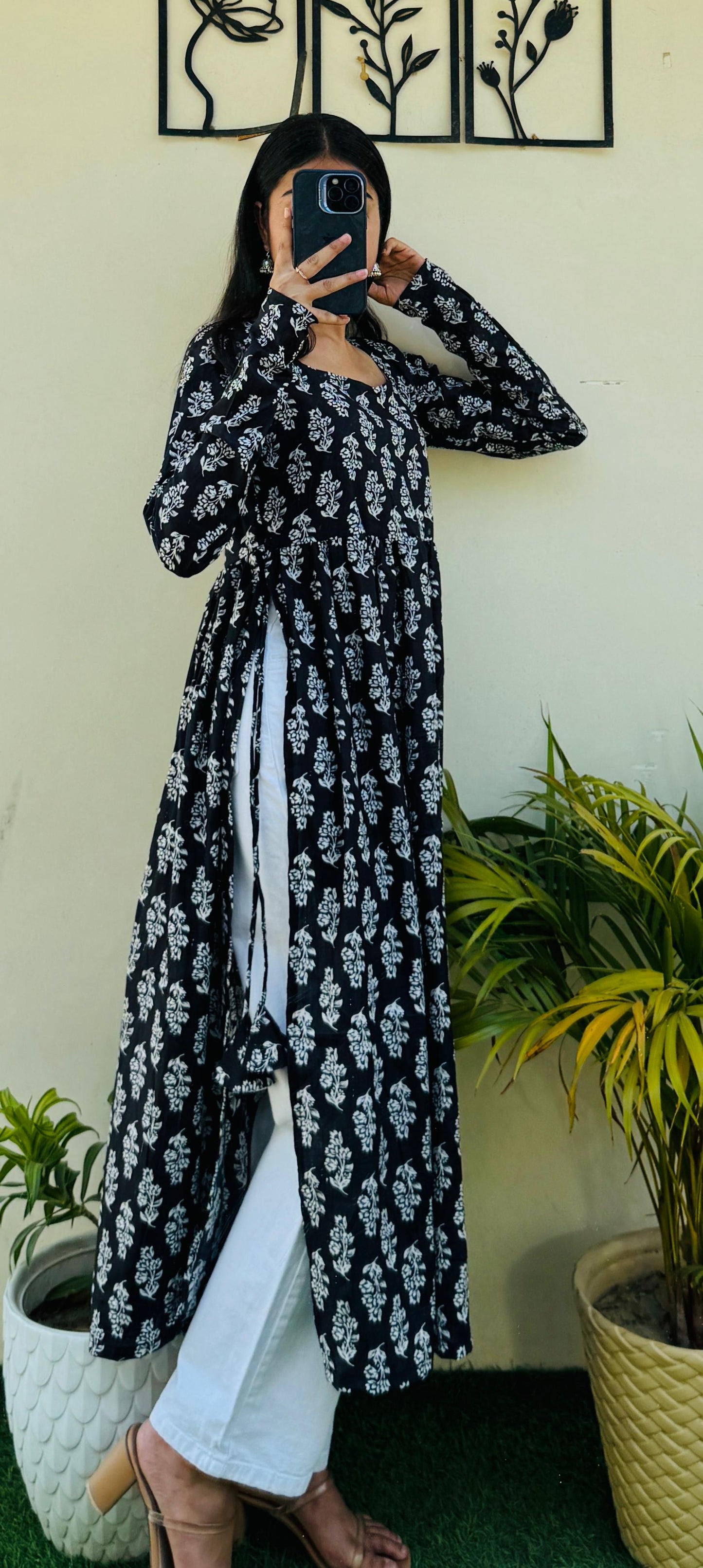 Cotton Full Sleeve Black Nayra Cut Long Kurti