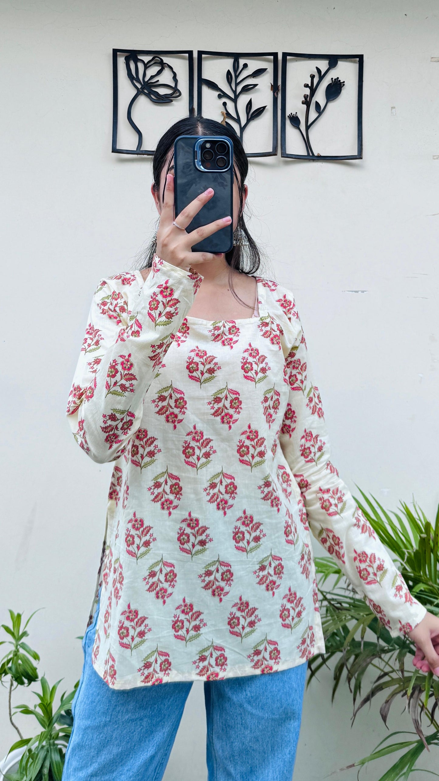 Cotton Cream Fullsleeve Short Kurti