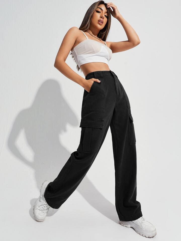 High Waist Six Pocket Black Cargo Wide Leg Denim