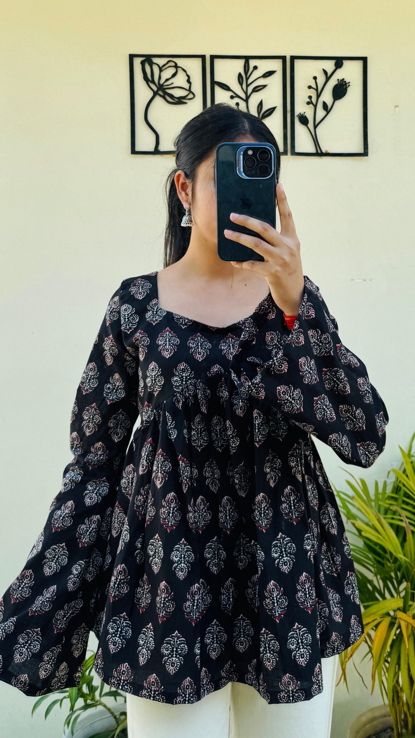 Cotton Black Bellsleeves Backless Ajrakh Print Flared Aliacut Short Kurti