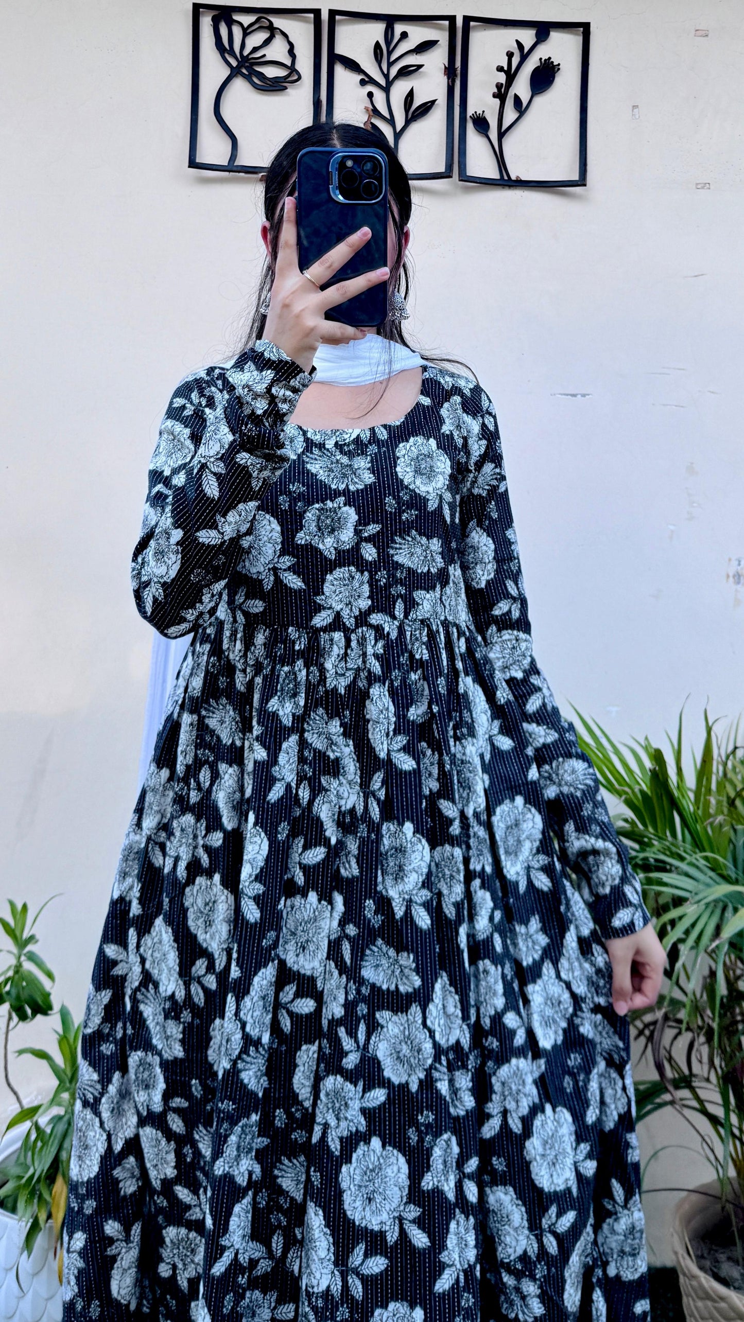Beautiful Cotton Katha Black Anarkali Suit Set (Kurta+Pant+Dupatta)