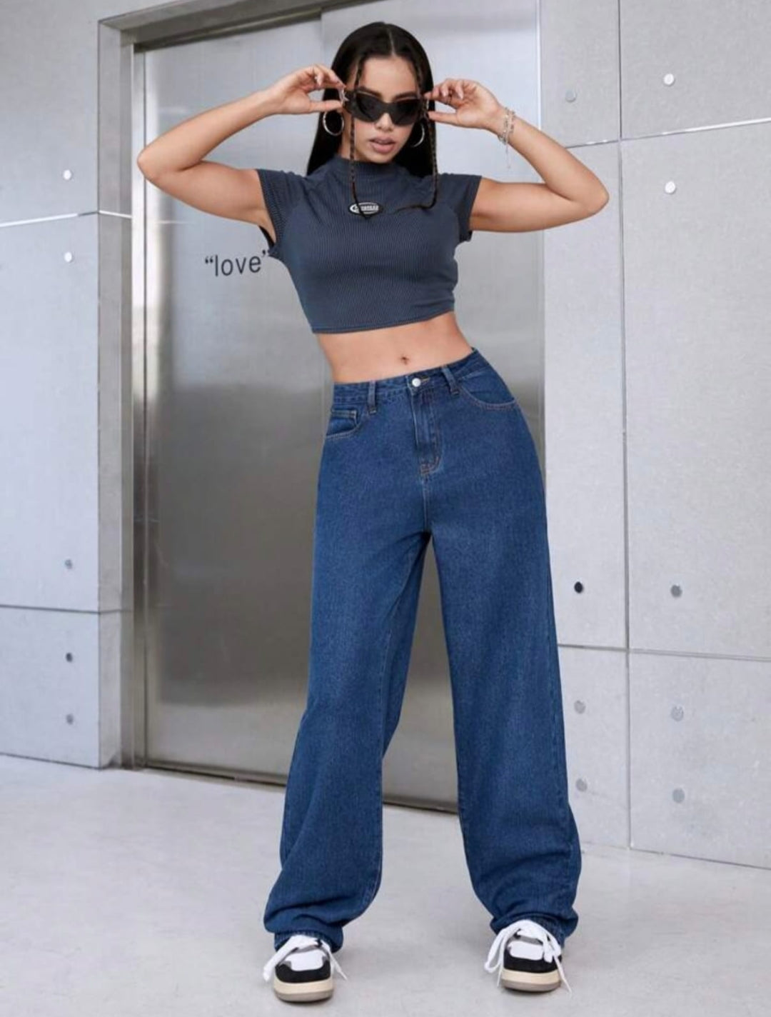 High Waist Dark Blue Wide Leg Deni