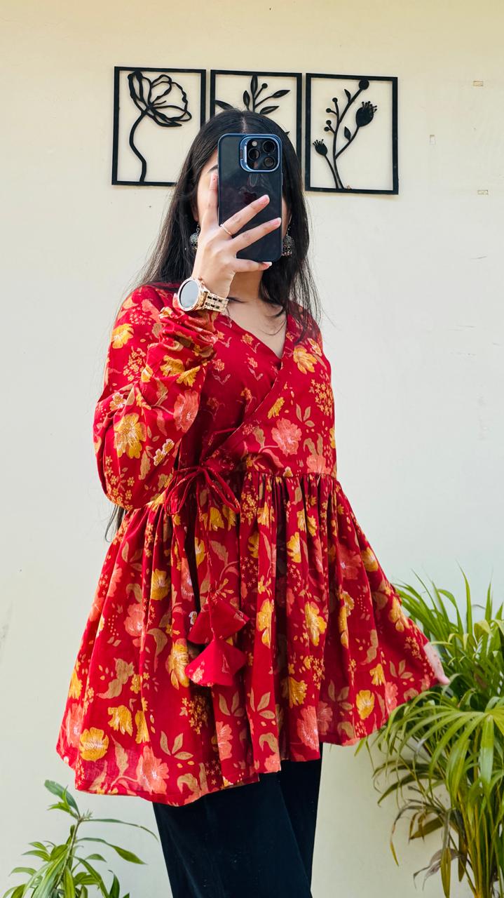 Cotton Red Angrakha Pattern Flared Floral Print Aliacut Peplum Top