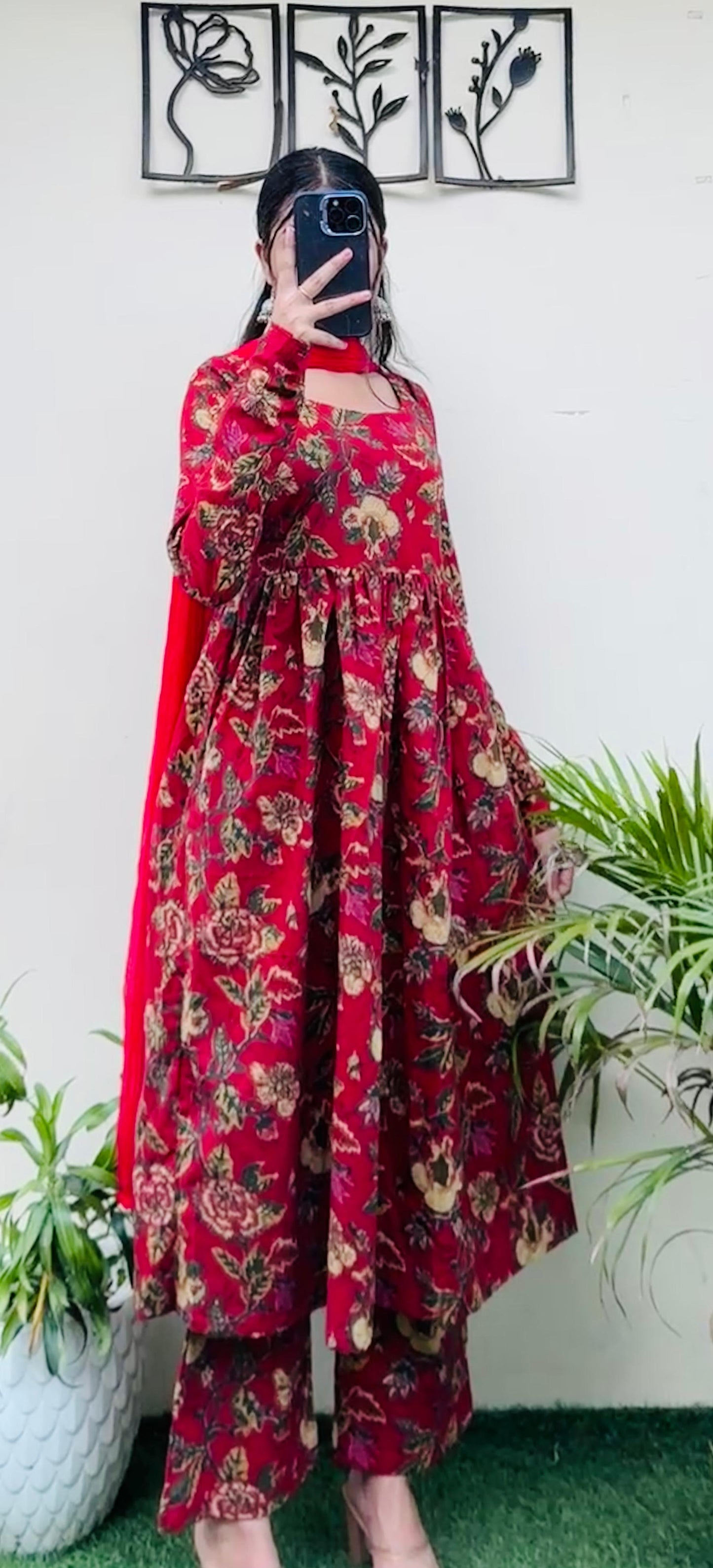 Beautiful Cotton Katha Black Anarkali Suit Set (Kurta+Pant+Dupatta)