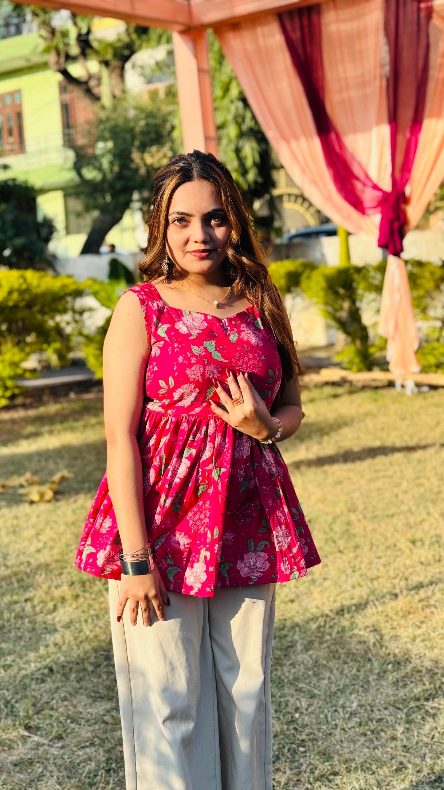 Cotton Flared Pink Backless Neck Design Short Kurti