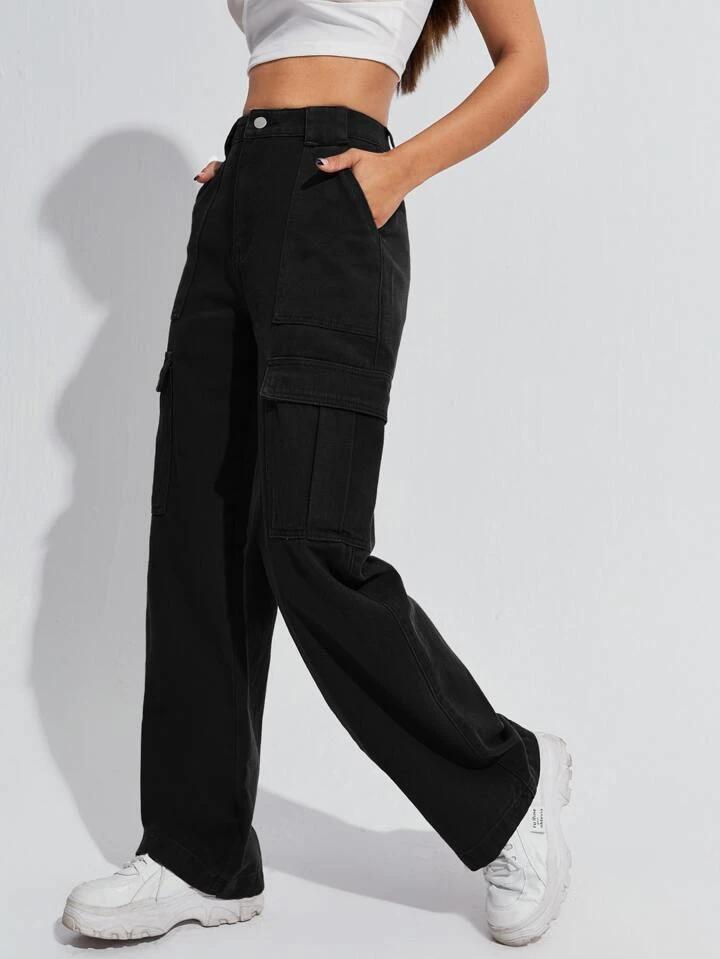 High Waist Six Pocket Black Cargo Wide Leg Denim