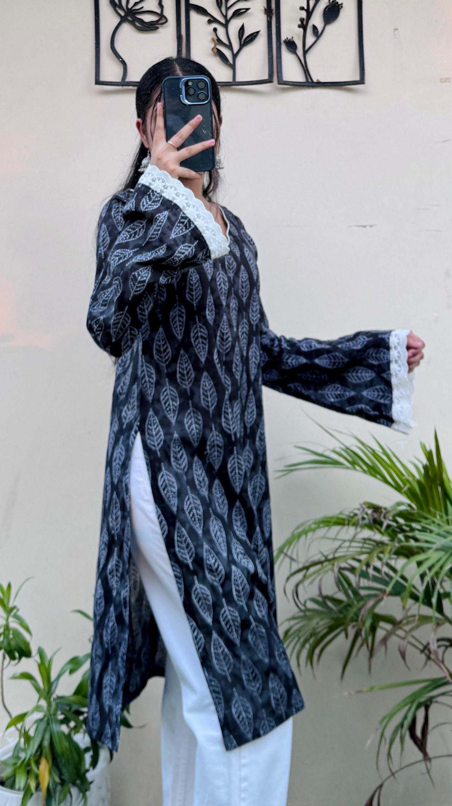 Cotton V-neck Lace Work Bellsleeves Long Kurti