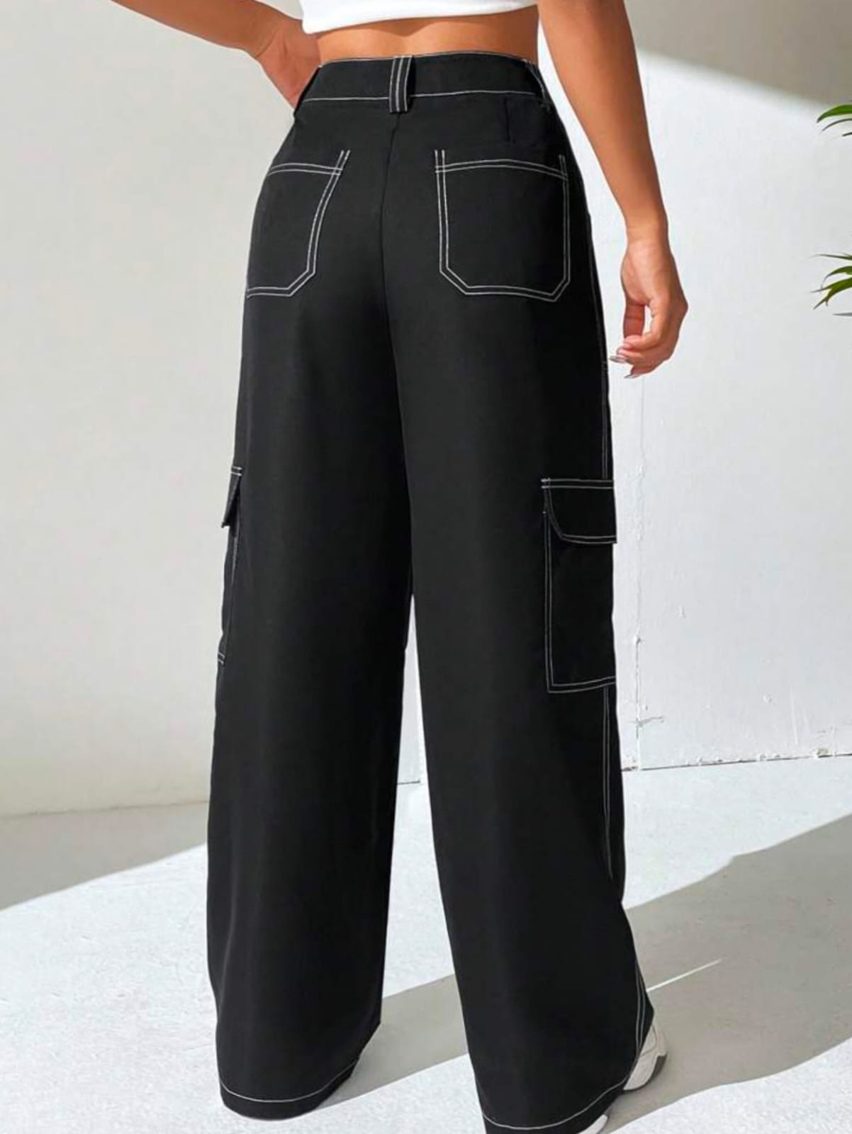 High Waist Six Pocket Black White Stich Cargo Wide Leg Denim