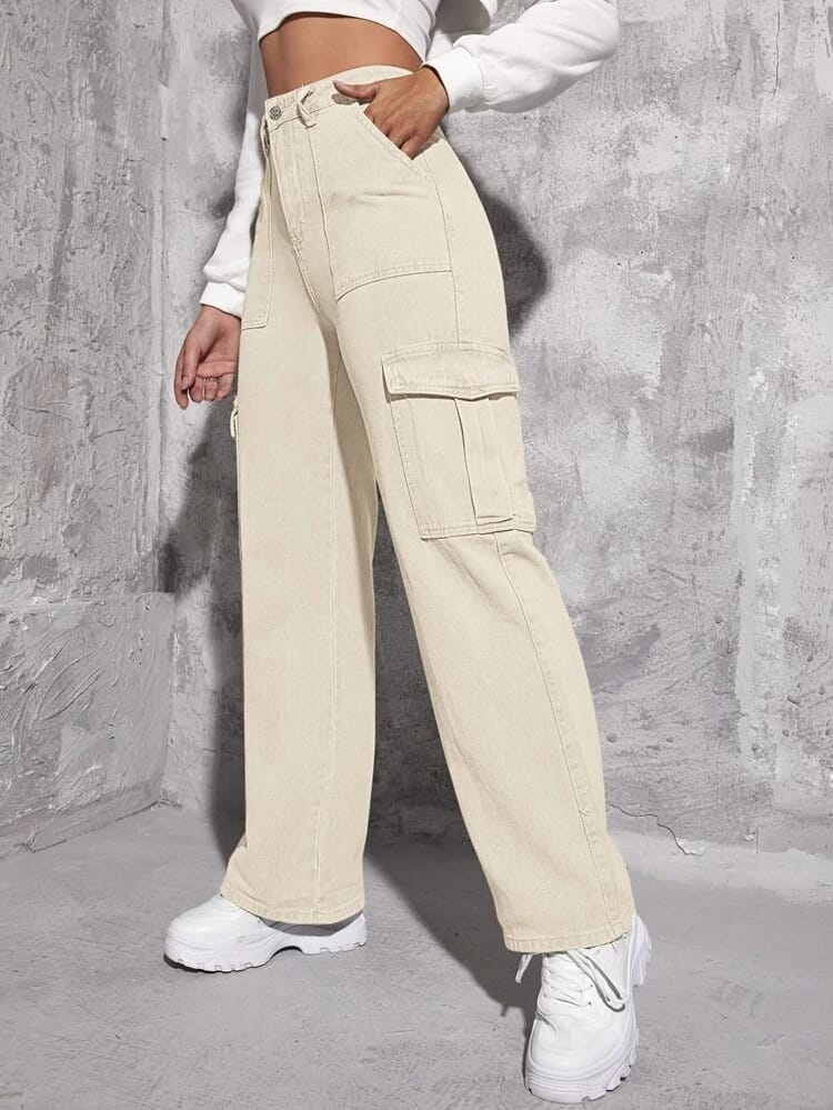 High Waist Six Pocket Cream Cargo Wide Leg Denim