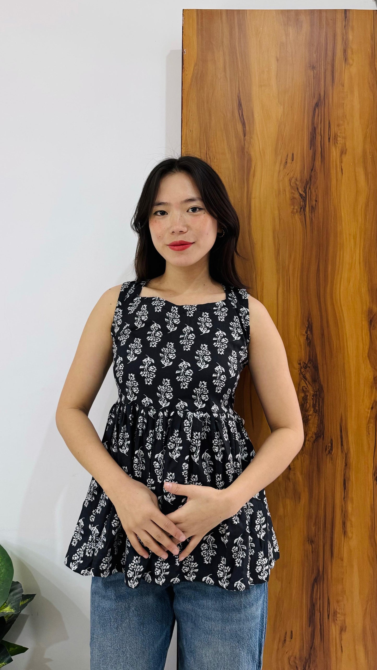 Cotton Flared Black Backless Neck Design Short Kurti