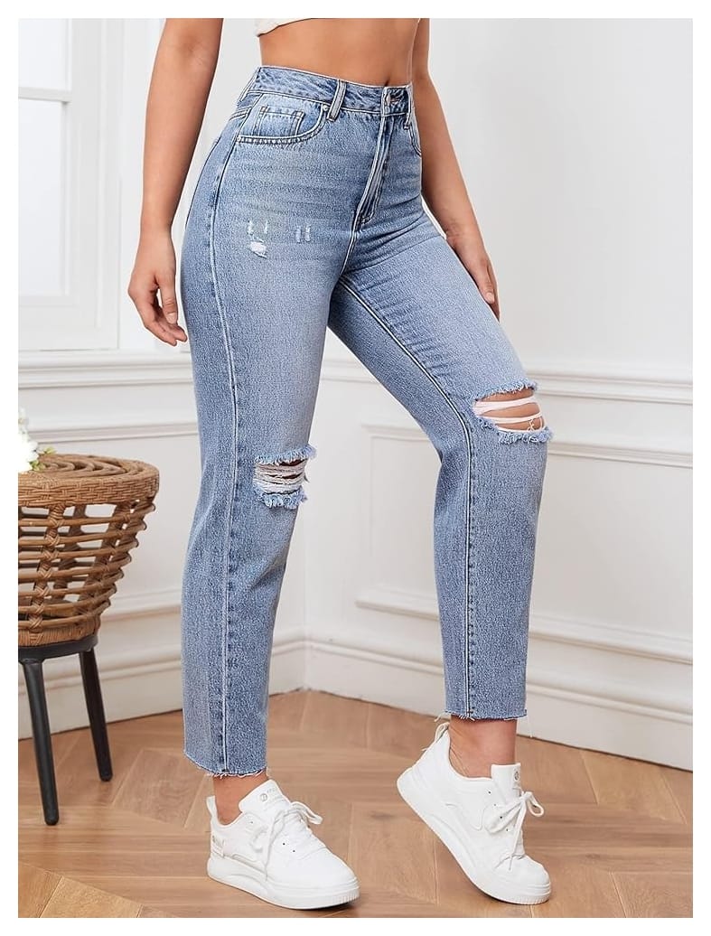 High Waist Knee Cut Ripped Ice Blue Mom Fit Wishker Denim Jeans