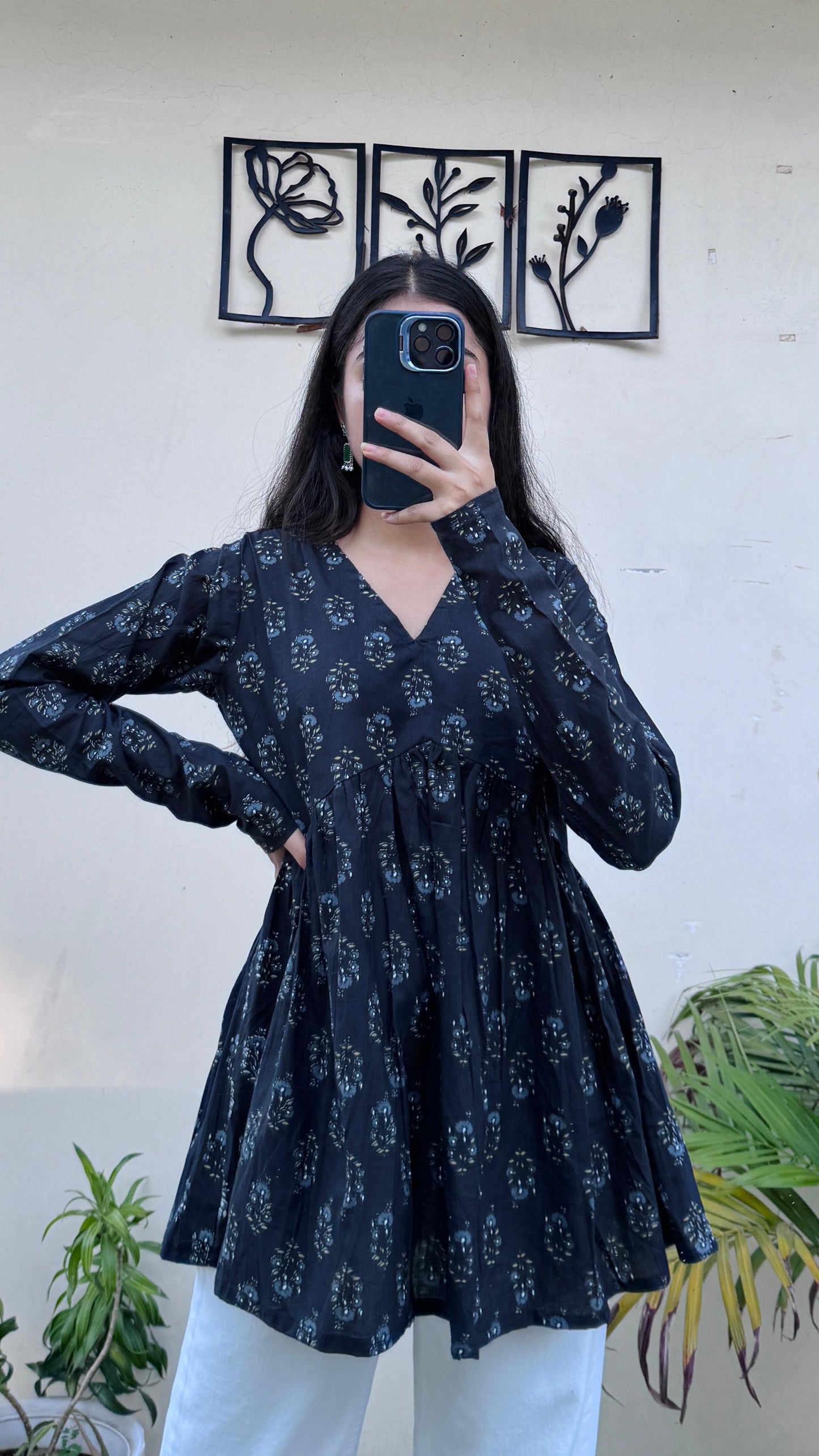 Cotton Black Flared Printed Aliacut Peplum Top